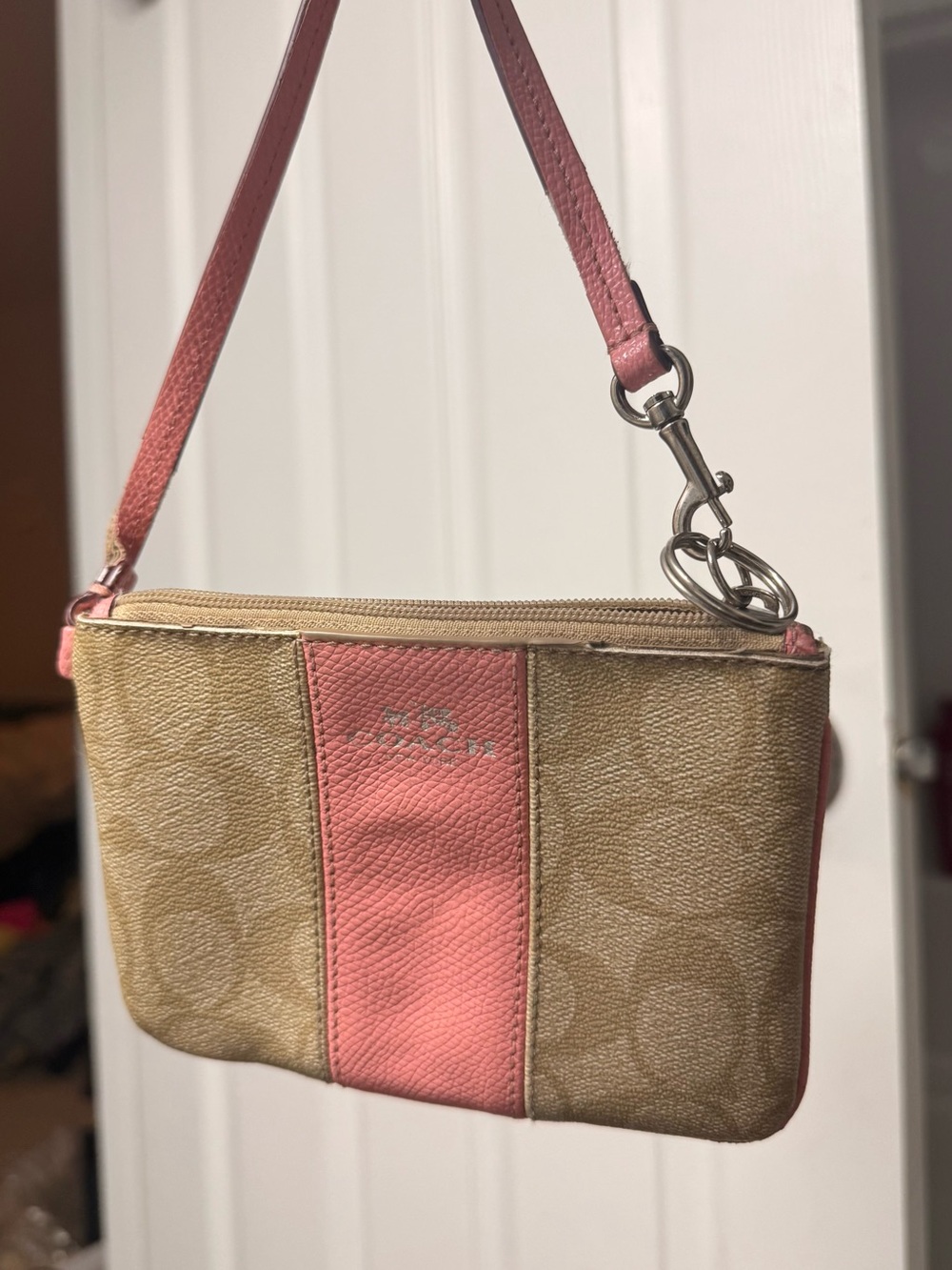 Coach Pink and Khaki Signature Canvas Wristlet